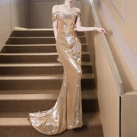 Sequin Off-Shoulder Cap-Sleeve Gown Sheath Evening