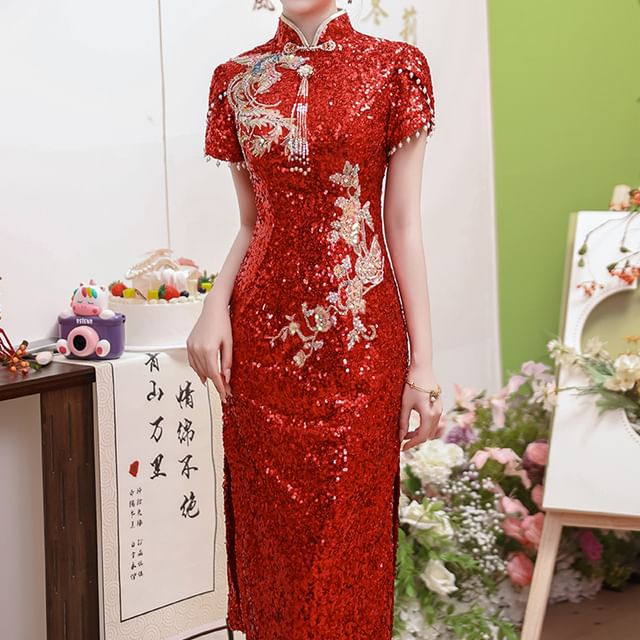 Short-Sleeve Sequin Midi Chinese Wedding Qipao Dress