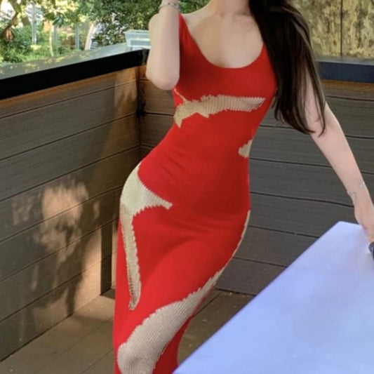 Sleeveless Bodycon Back Patterned Open Dress Scoop Neck Maxi