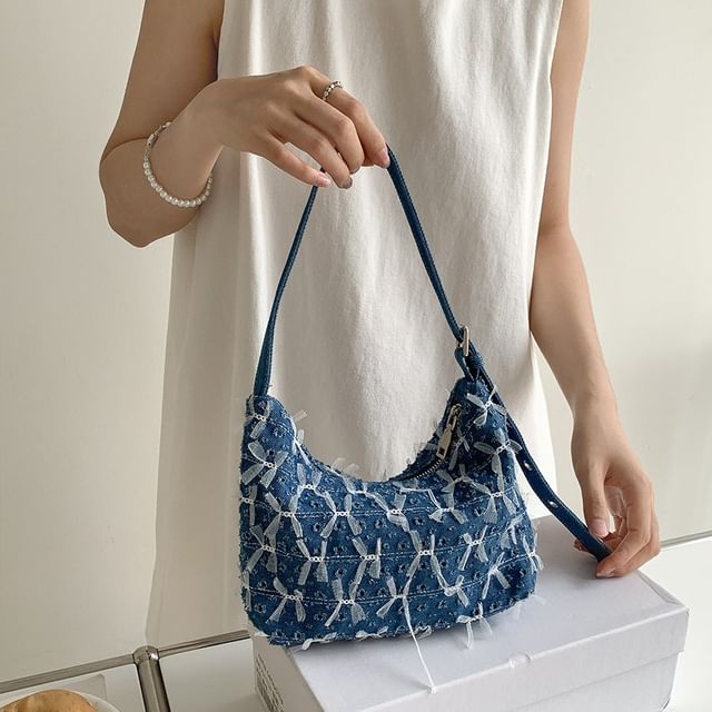 Denim Washed Shoulder Perforated Bow Bag