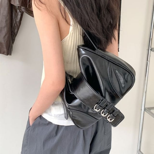 Bag Buckled Plain Leather Faux Shoulder