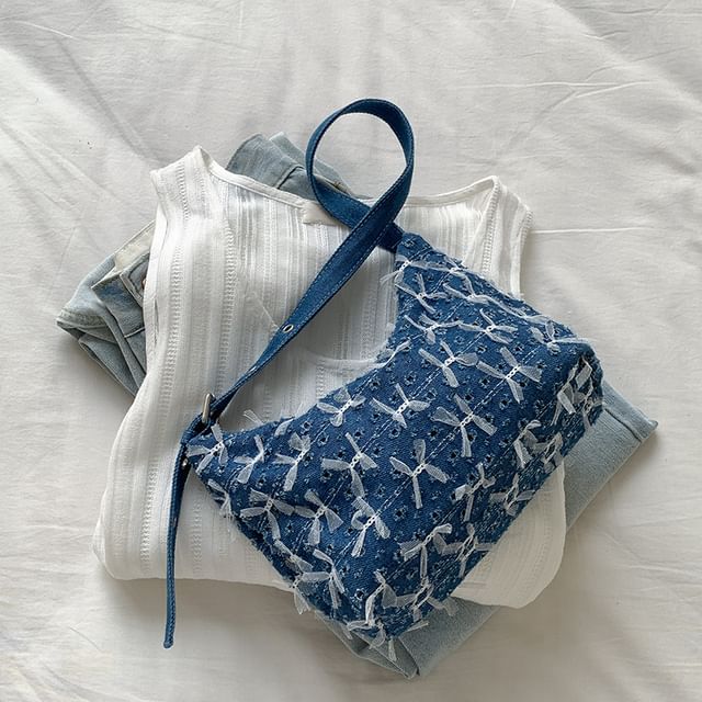 Denim Washed Shoulder Perforated Bow Bag
