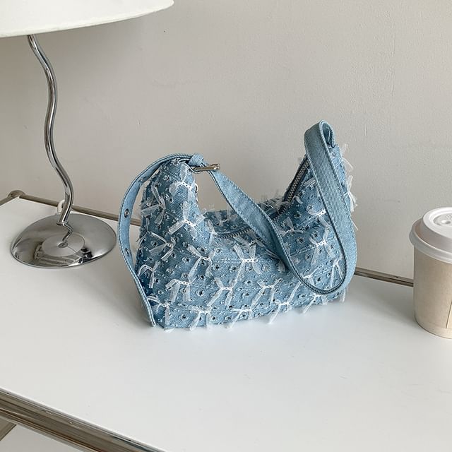 Denim Washed Shoulder Perforated Bow Bag