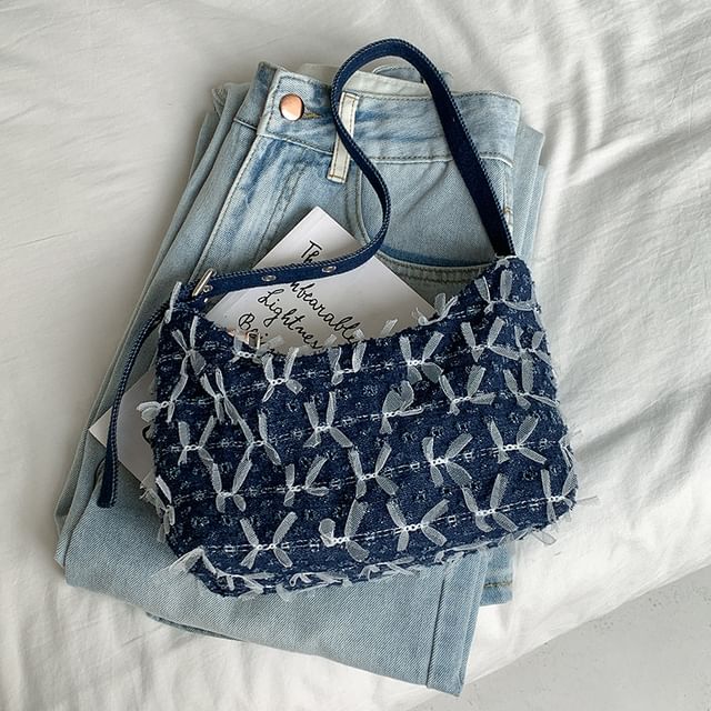 Denim Washed Shoulder Perforated Bow Bag