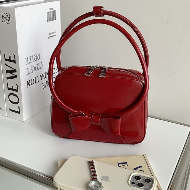 Leather Accent Bow Faux Handbag Plain