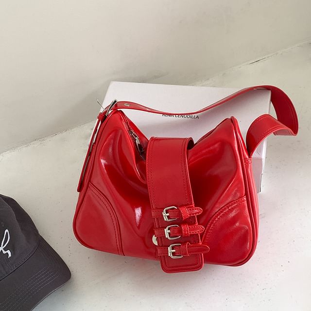 Bag Buckled Plain Leather Faux Shoulder