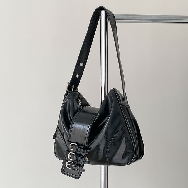 Bag Buckled Plain Leather Faux Shoulder
