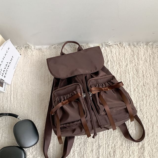 Flap Accent Plain Nylon Drawstring Bow Backpack