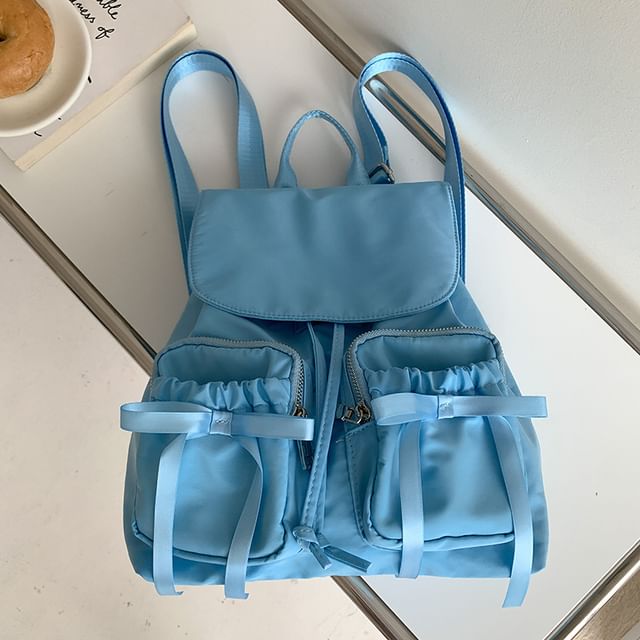 Flap Accent Plain Nylon Drawstring Bow Backpack
