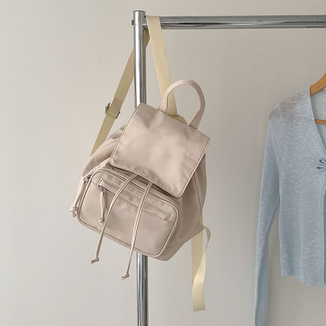Flap Nylon Plain Drawstring Backpack