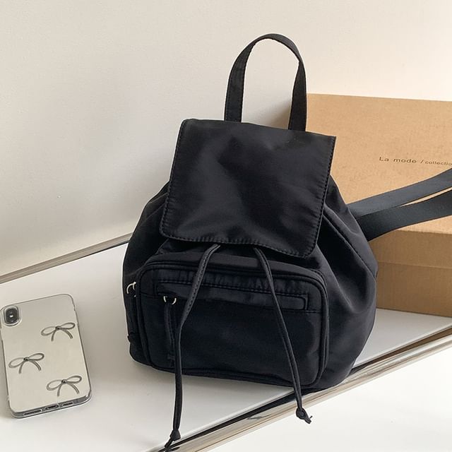 Flap Nylon Plain Drawstring Backpack