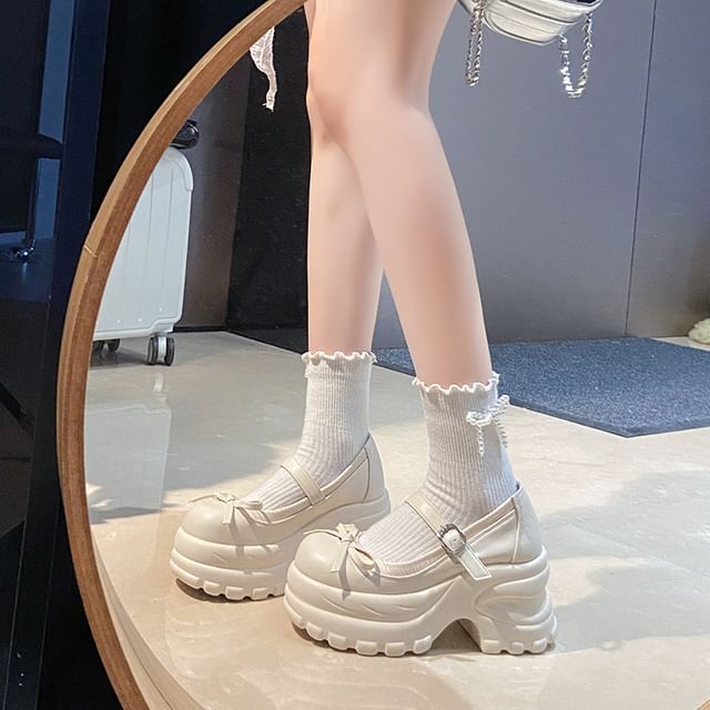 Faux Bow Mary Accent Platform Shoes Leather Jane