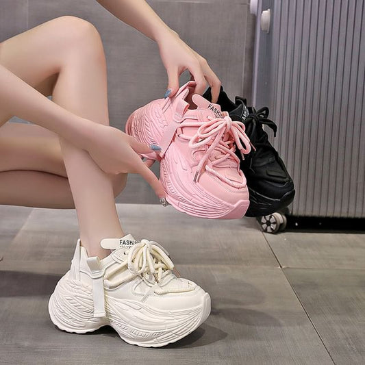 Leather Faux Platform Plain Sneakers Lace-Up