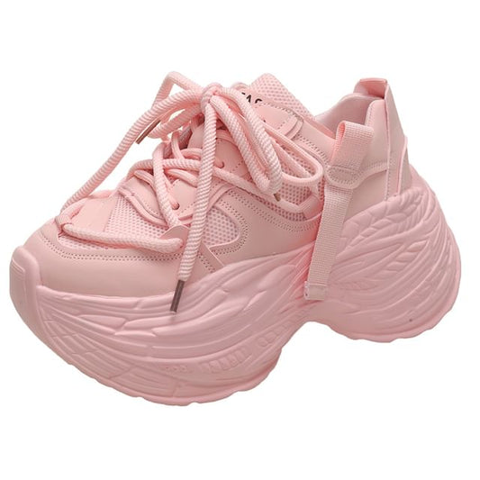 Mesh Lace-Up Faux Platform Plain Panel Sneakers Leather