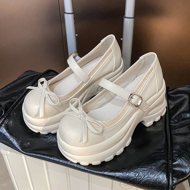 Faux Bow Mary Accent Platform Shoes Leather Jane