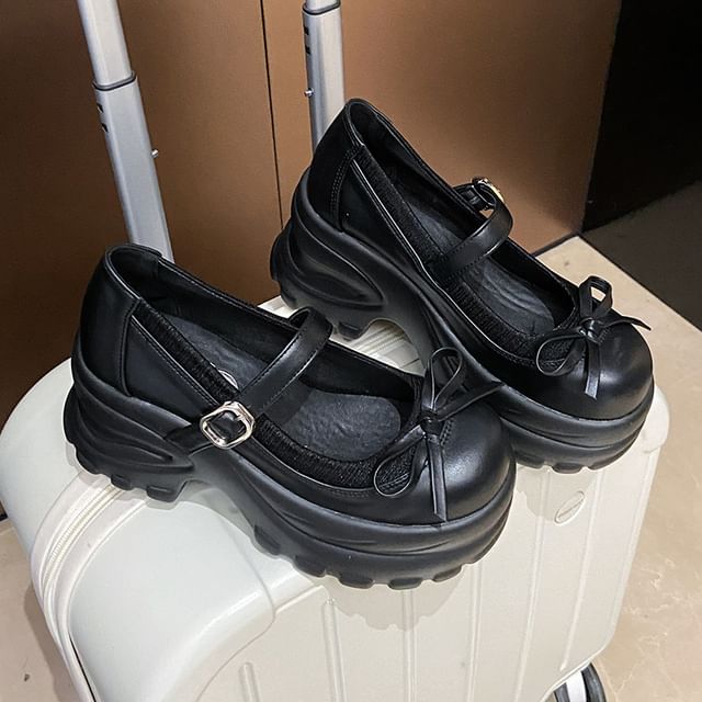 Faux Bow Mary Accent Platform Shoes Leather Jane