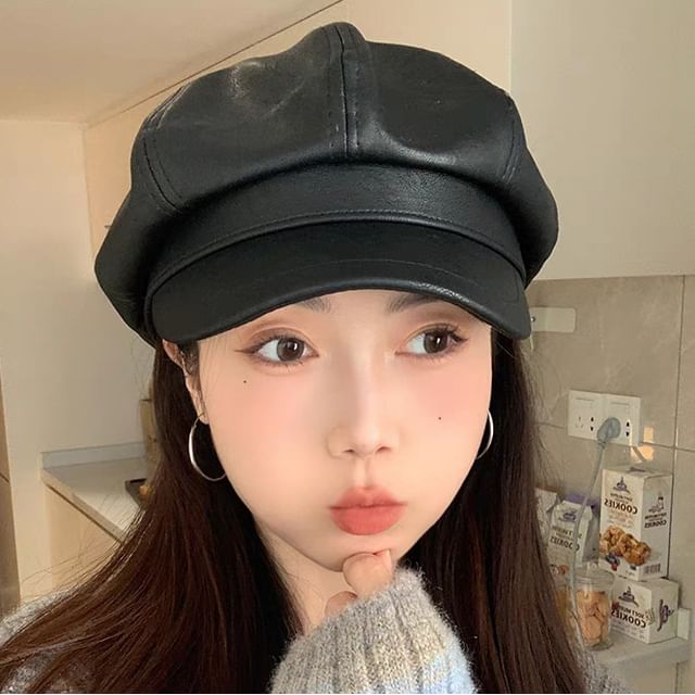 Faux Cap Plain Leather Newsboy