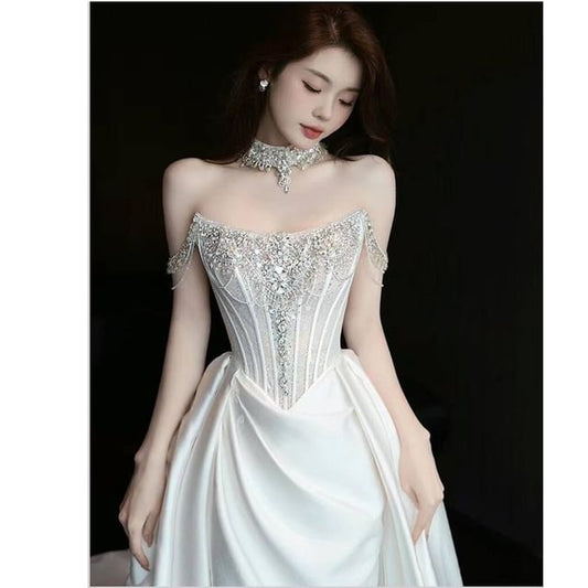 Off-Shoulder A-Line Rhinestone Evening Gown