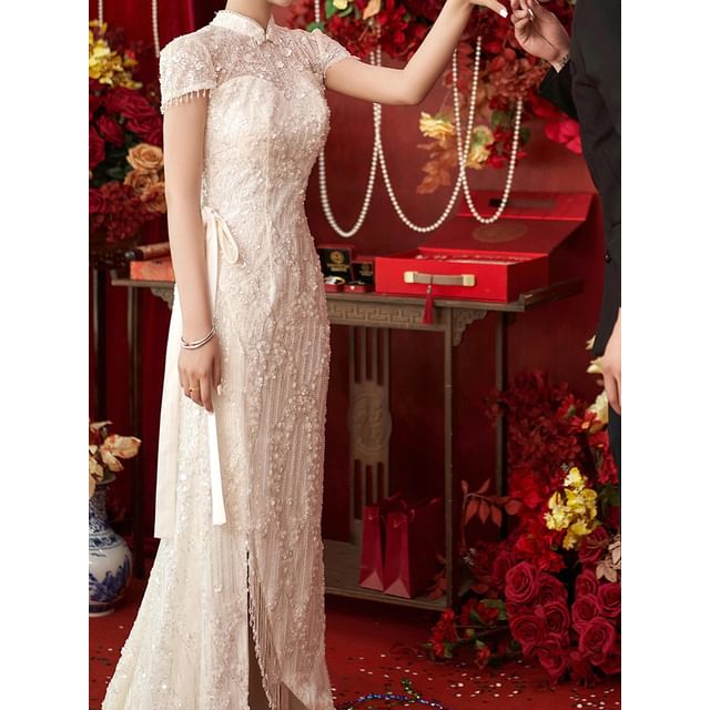 Fringe Bow A-Line Evening Bead Gown Short-Sleeve