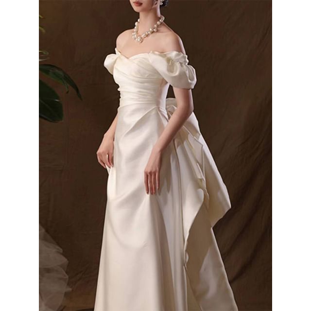 Back Gown Bow A-Line Wedding Puff-Sleeve Off-Shoulder