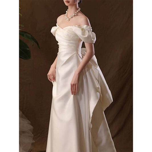 Back Gown Bow A-Line Wedding Puff-Sleeve Off-Shoulder