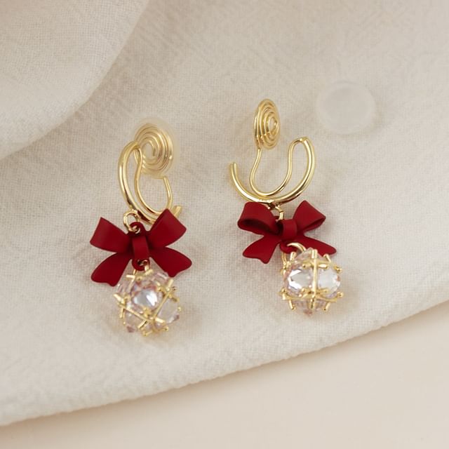 Bow Dangle Caged Alloy Rhinestone Earring