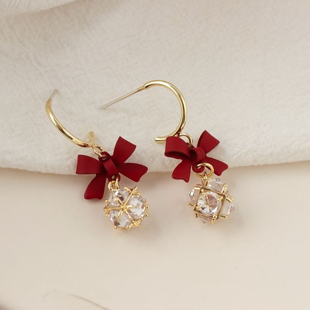 Bow Dangle Caged Alloy Rhinestone Earring
