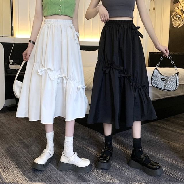 Midi Waist Bow A-Line Skirt High Plain
