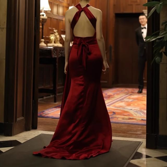 Plain Satin Sheath Gown Ruched Evening Halter