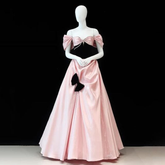 Shirred Evening Bow Gown Satin Cold-Shoulder