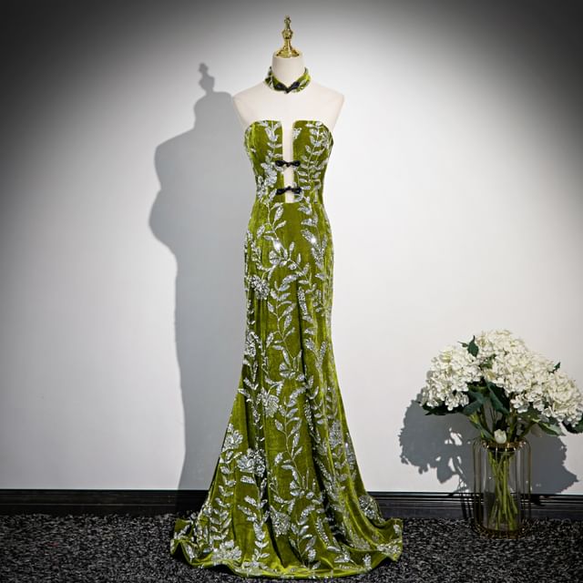 Strapless Mermaid Evening Buttoned Floral Frog Gown Print