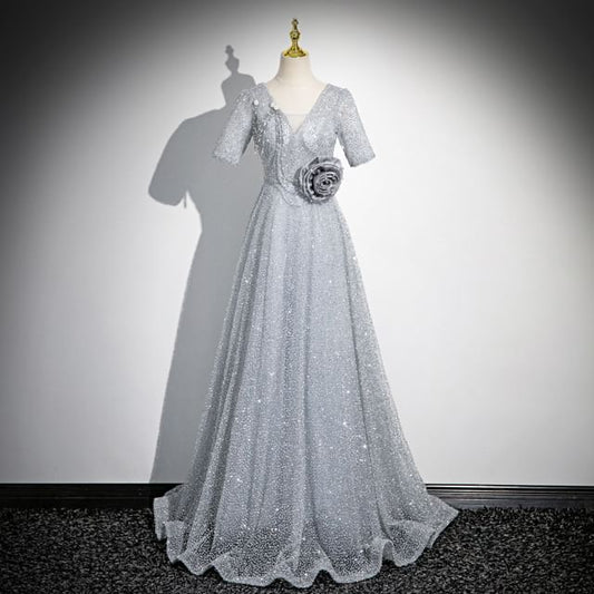 Floral Evening Short-Sleeve Gown A-Line Glitter