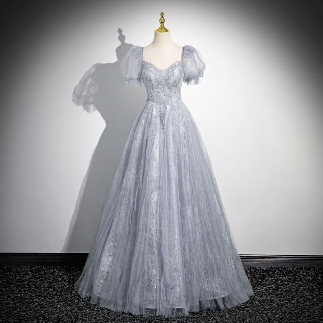 Evening Gown Sweetheart-Neckline Rhinestone A-Line Puff-Sleeve