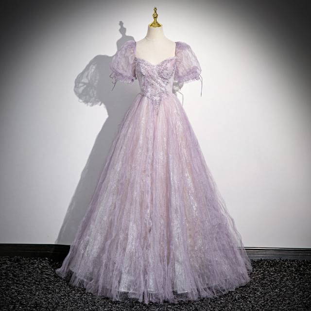 A-Line Print Floral Sweetheart-Neckline Evening Puff-Sleeve Gown