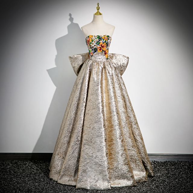 Floral Strapless Evening Back Print Gown Bow A-Line