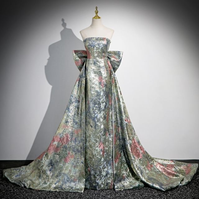Floral Strapless Back A-Line Gown Print Evening Bow