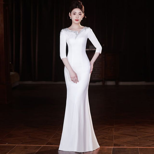 Neck Gown 3/4-Sleeve Rhinestone Evening Scoop Mermaid