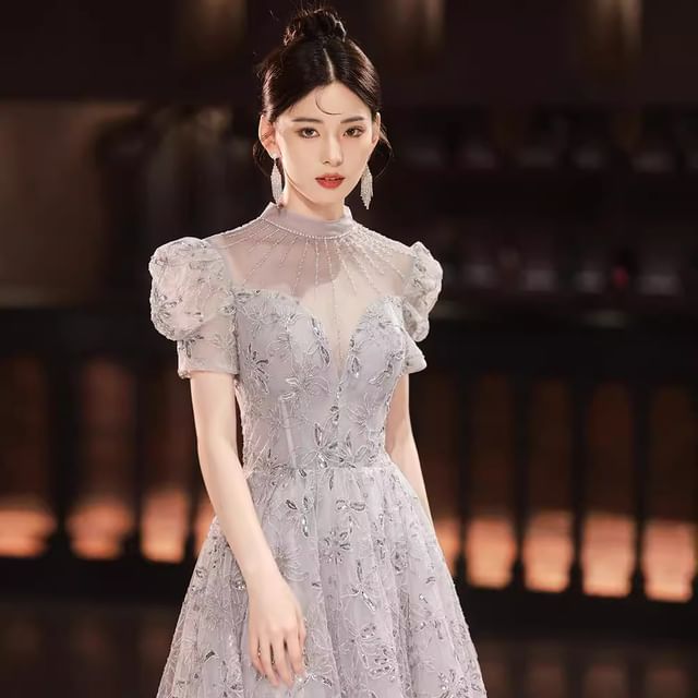 Short-Sleeve Evening A-Line Gown Rhinestone