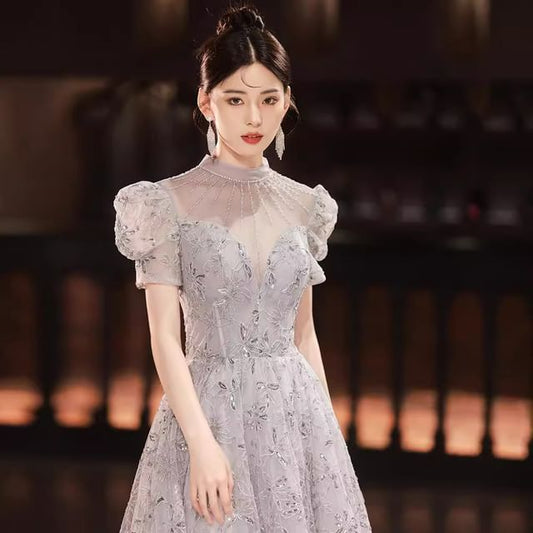 Short-Sleeve Evening A-Line Gown Rhinestone