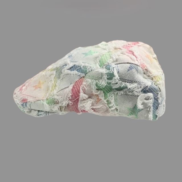 Star Cap Gradient Print Newsboy / Fringed Distressed Denim Trim