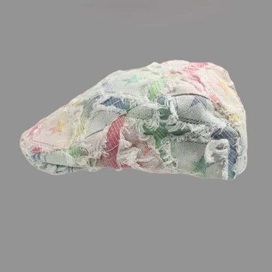 Star Cap Gradient Print Newsboy / Fringed Distressed Denim Trim