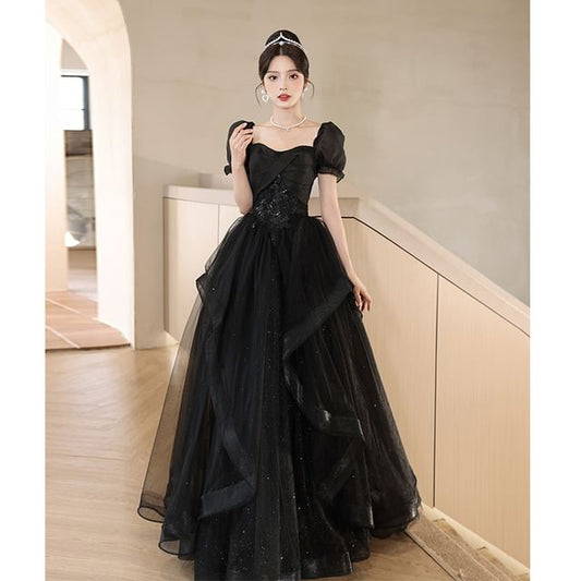 A-Line Short-Sleeve Mesh Sequin Plain Evening Gown