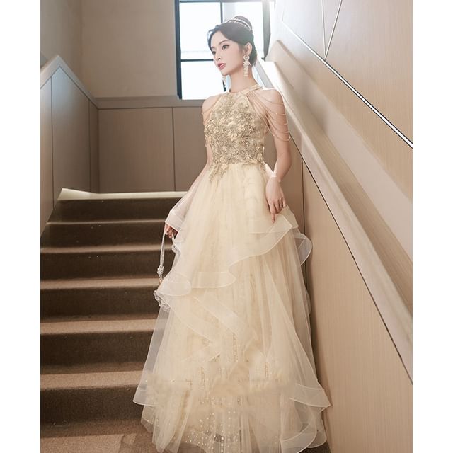 Halter Gown Evening Sleeveless A-Line Mesh Sequin