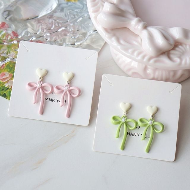 Earring Clip-On Faux Bow Pearl Drop Heart /