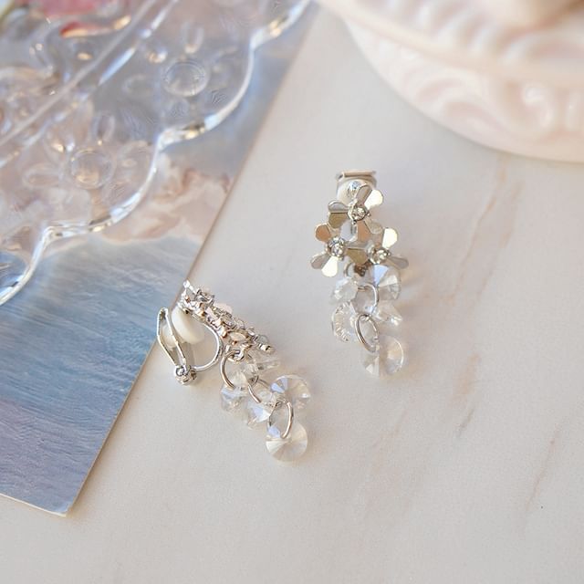 Faux Clip-On Crystal Earring Floral Rhinestone / Drop