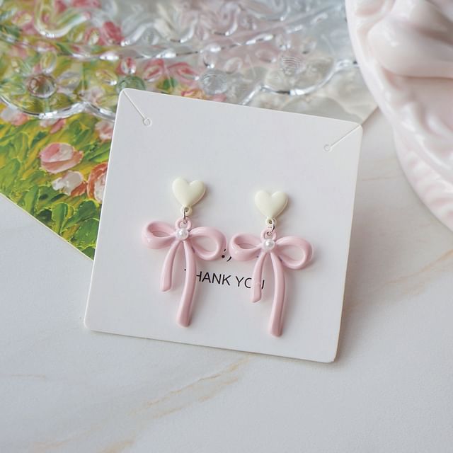 Earring Clip-On Faux Bow Pearl Drop Heart /
