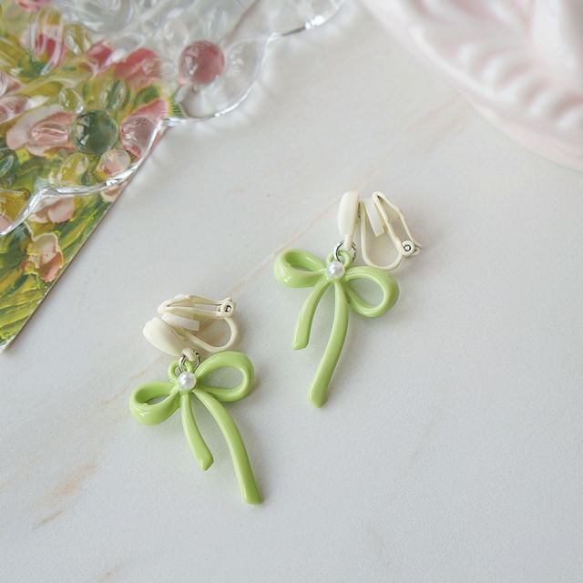 Earring Clip-On Faux Bow Pearl Drop Heart /