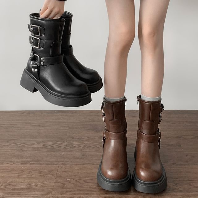 Plain Platform Boots Short Buckled