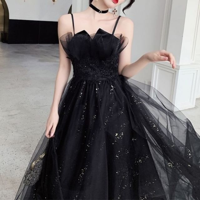 Sequin Gown Spaghetti A-Line Mesh Neck Strap Evening Floral Accent Notch