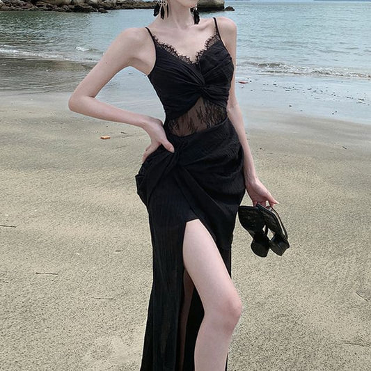Spaghetti Slit Lace Dress Strap Sheath Panel Knot Maxi